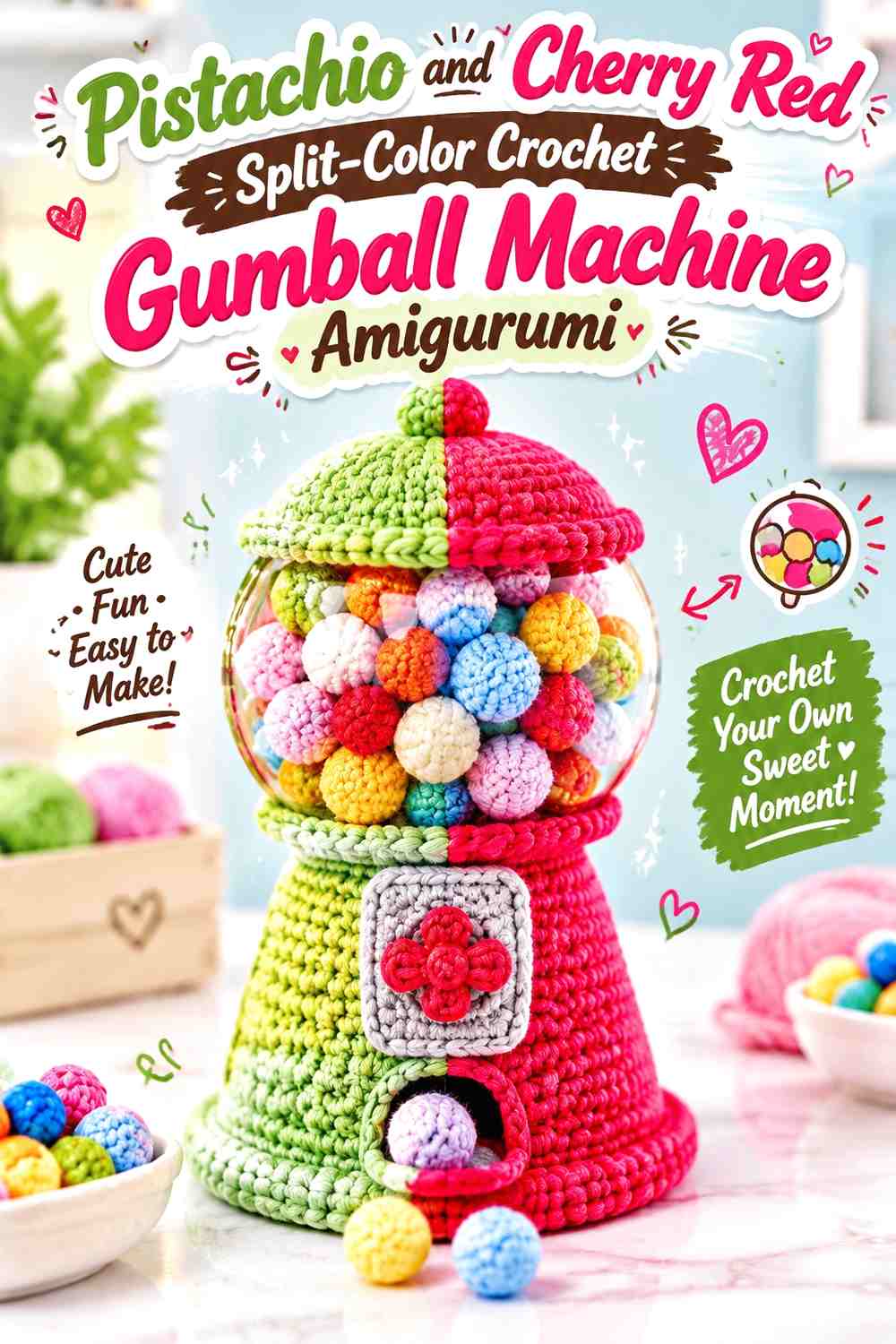 Pistachio and Cherry Red Split-Color Crochet Gumball Machine Amigurumi