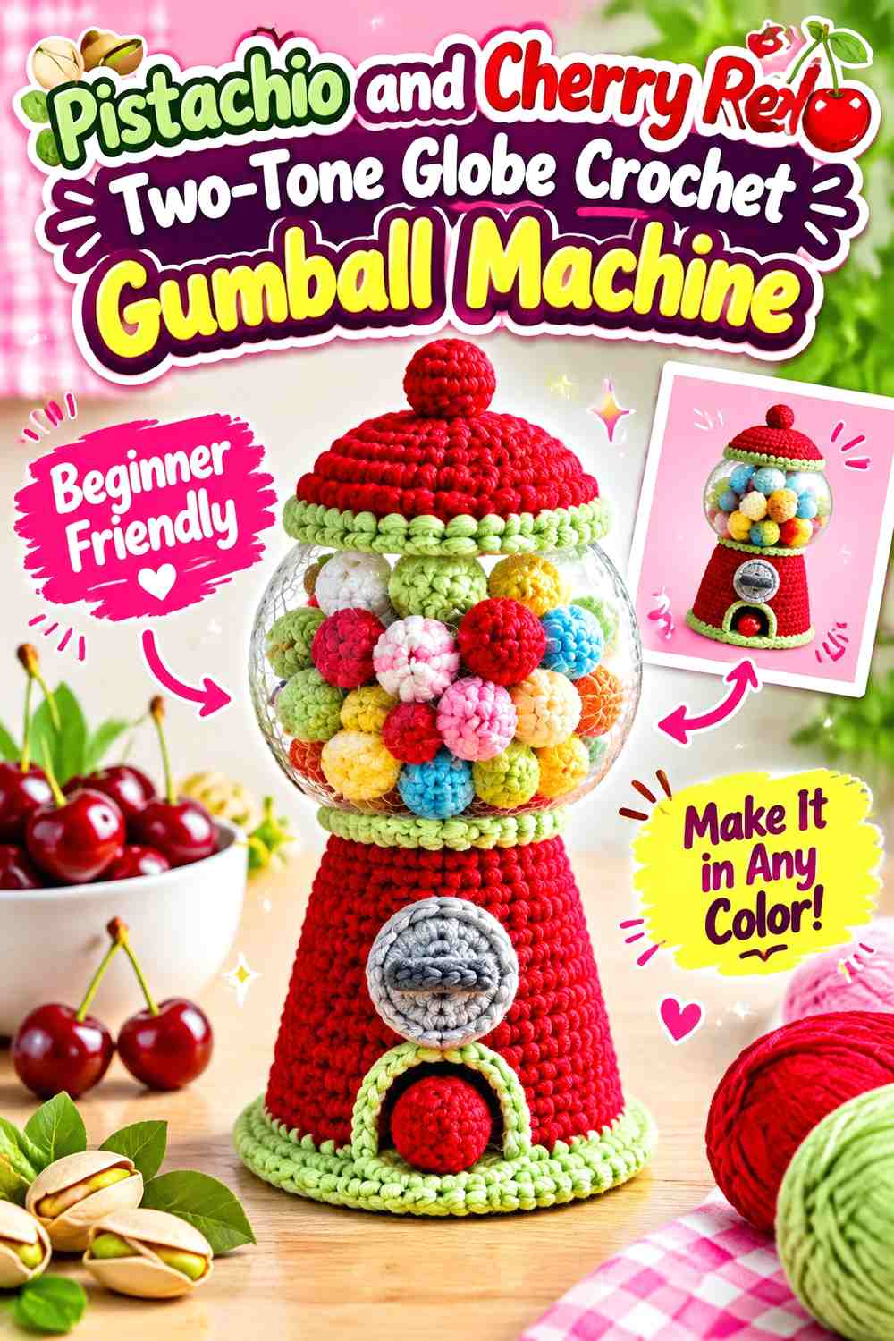 Pistachio and Cherry Red Two-Tone Globe Crochet Gumball Machine