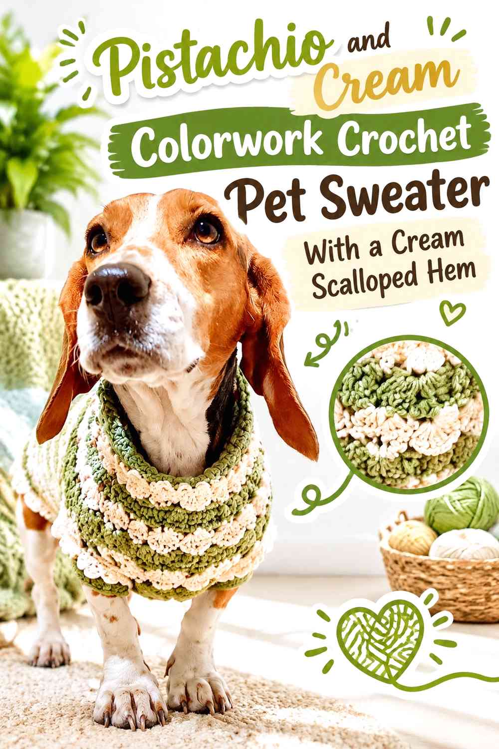 Pistachio and Cream Colorwork Crochet Pet Sweater With a Cream Scalloped Hem