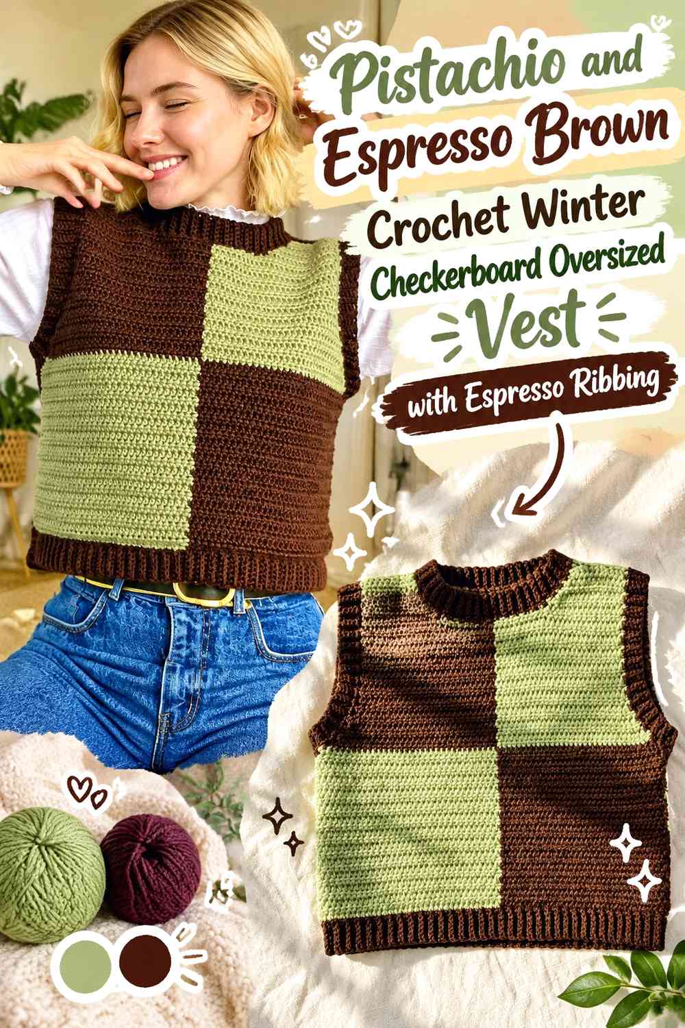 Pistachio and Espresso Brown Crochet Winter Checkerboard Oversized Vest with Espresso Ribbing