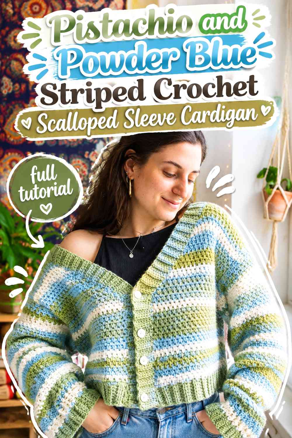 Pistachio and Powder Blue Striped Crochet Scalloped Sleeve Cardigan