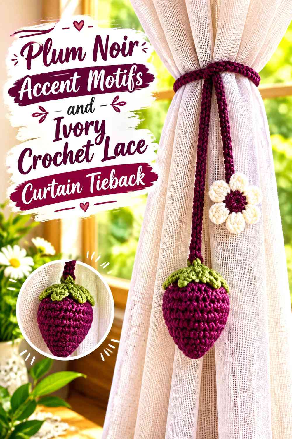 Plum Noir Accent Motifs and Ivory Crochet Lace Curtain Tieback