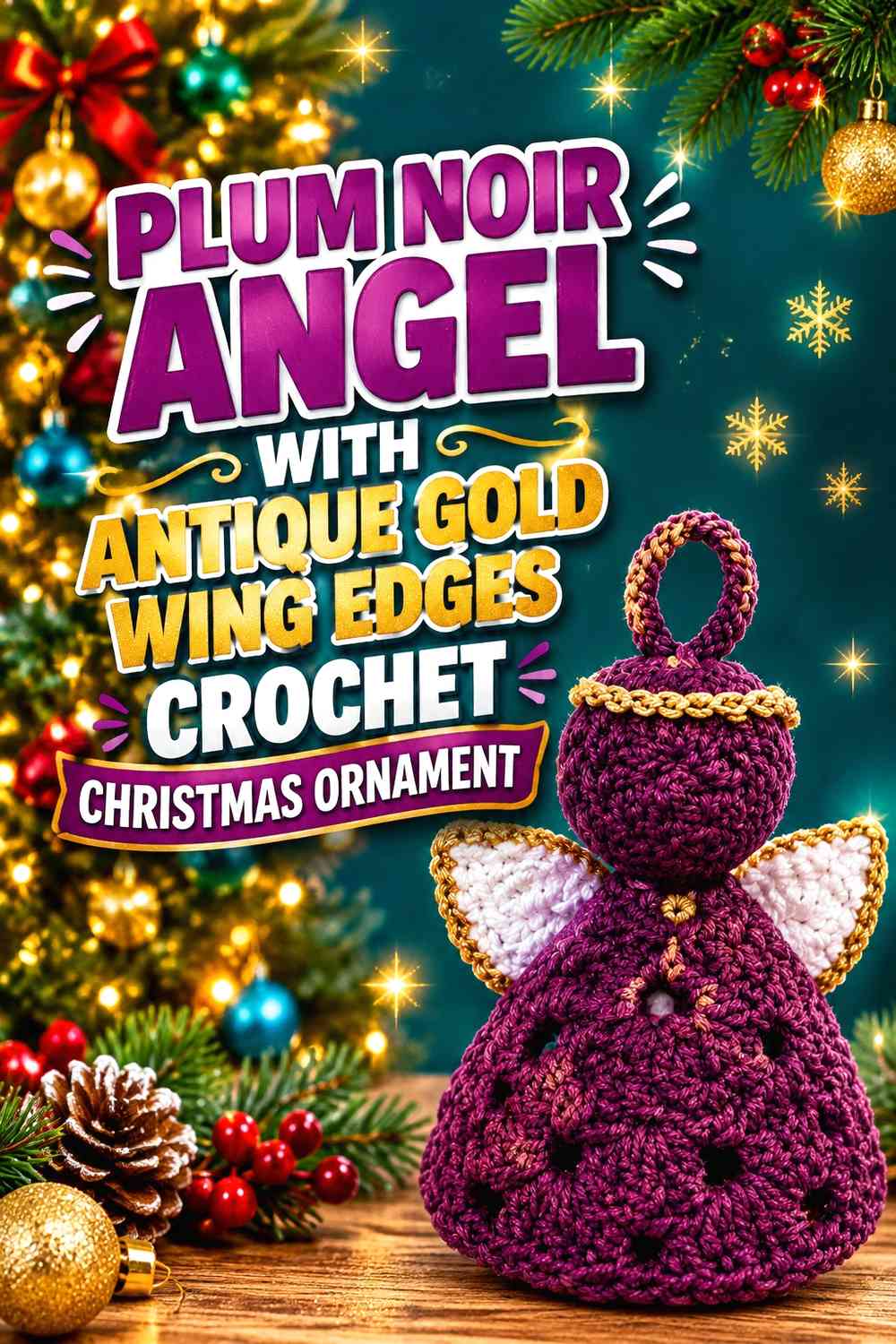 Plum Noir Angel With Antique Gold Wing Edges Crochet Christmas Ornament