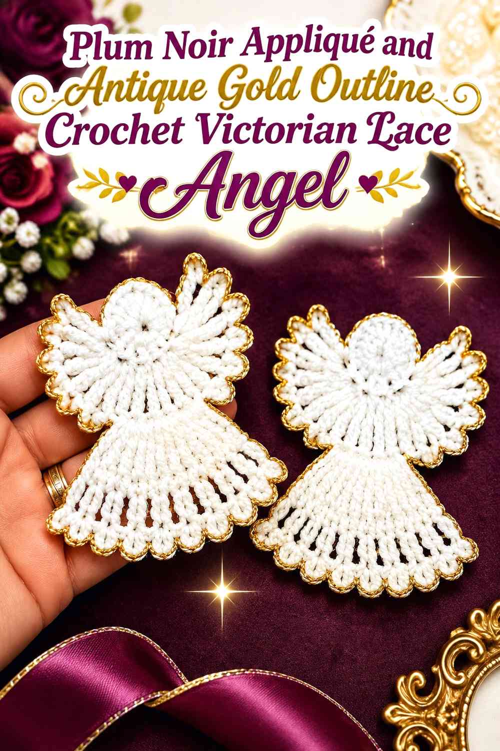 Plum Noir Appliqué and Antique Gold Outline Crochet Victorian Lace Angel