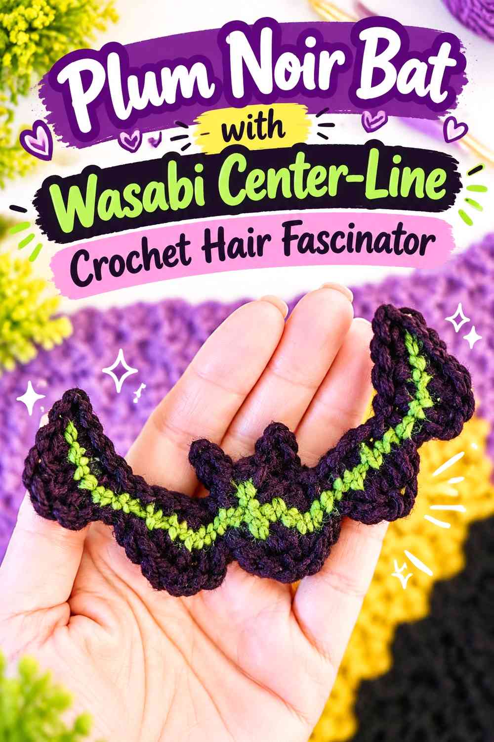 Plum Noir Bat with Wasabi Center-Line Crochet Hair Fascinator