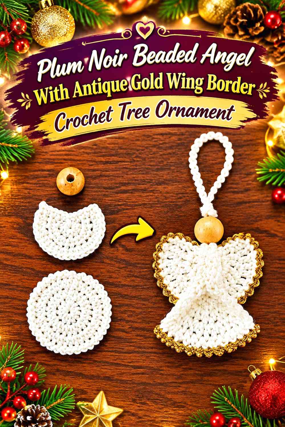 Plum Noir Beaded Angel With Antique Gold Wing Border Crochet Tree Ornament