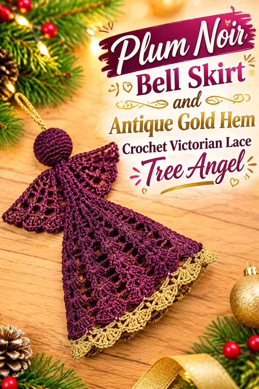 Plum Noir Bell Skirt and Antique Gold Hem Crochet Victorian Lace Tree Angel