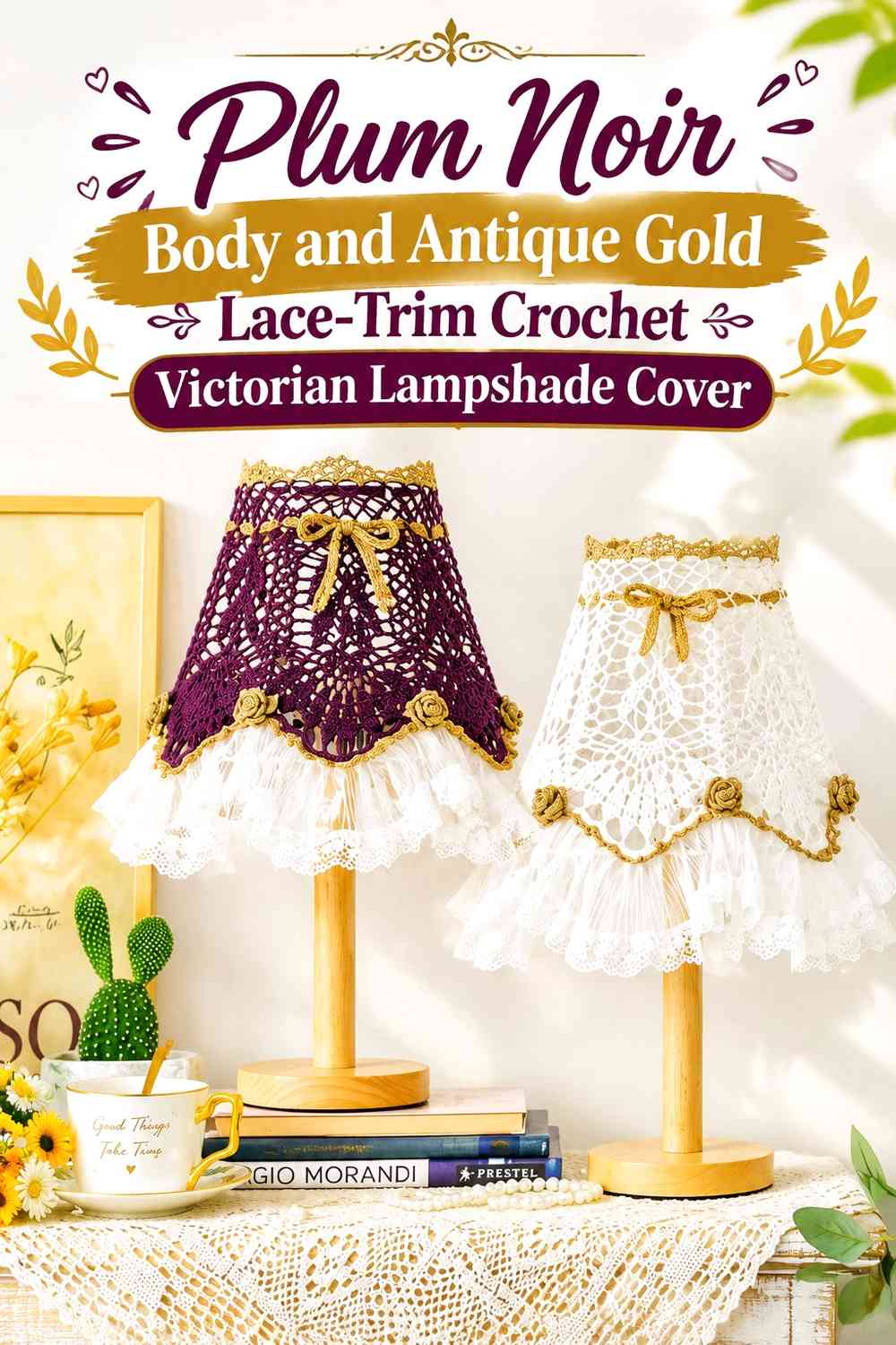 Plum Noir Body and Antique Gold Lace-Trim Crochet Victorian Lampshade Cover