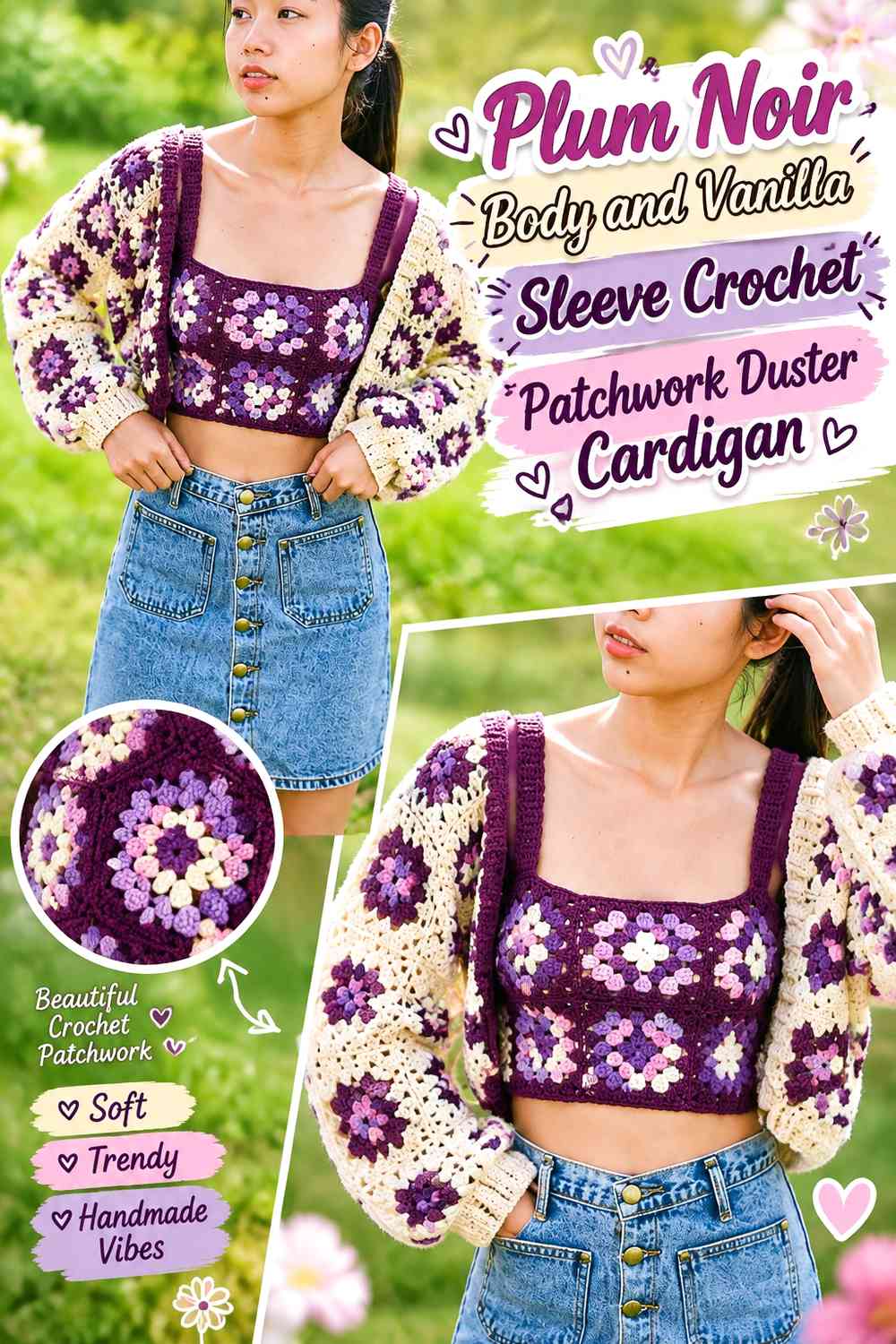 Plum Noir Body and Vanilla Sleeve Crochet Patchwork Duster Cardigan