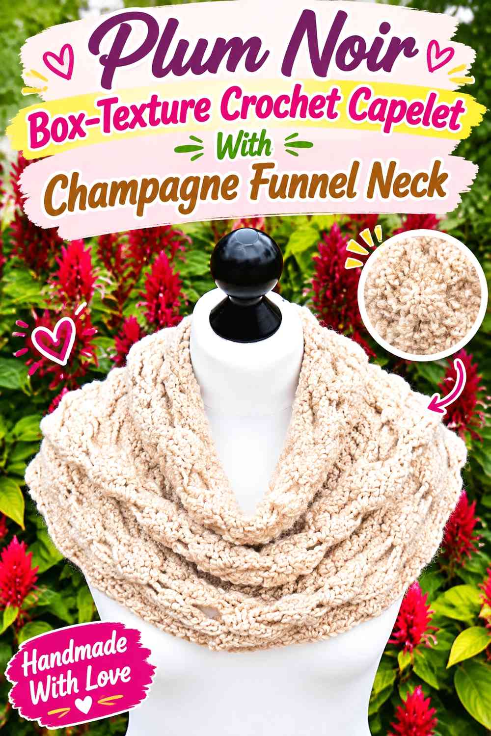 Plum Noir Box-Texture Crochet Capelet With Champagne Funnel Neck