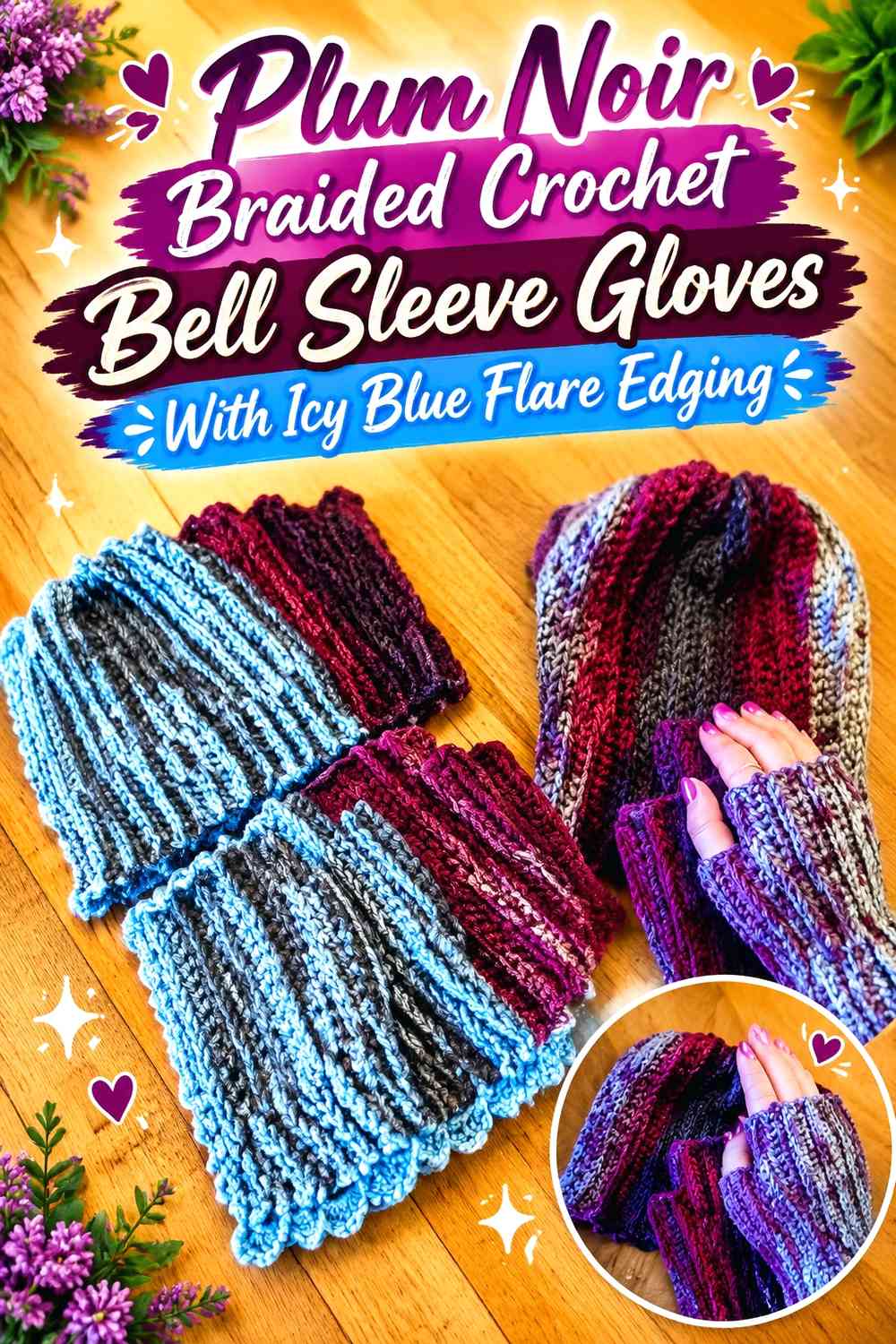 Plum Noir Braided Crochet Bell Sleeve Gloves With Icy Blue Flare Edging
