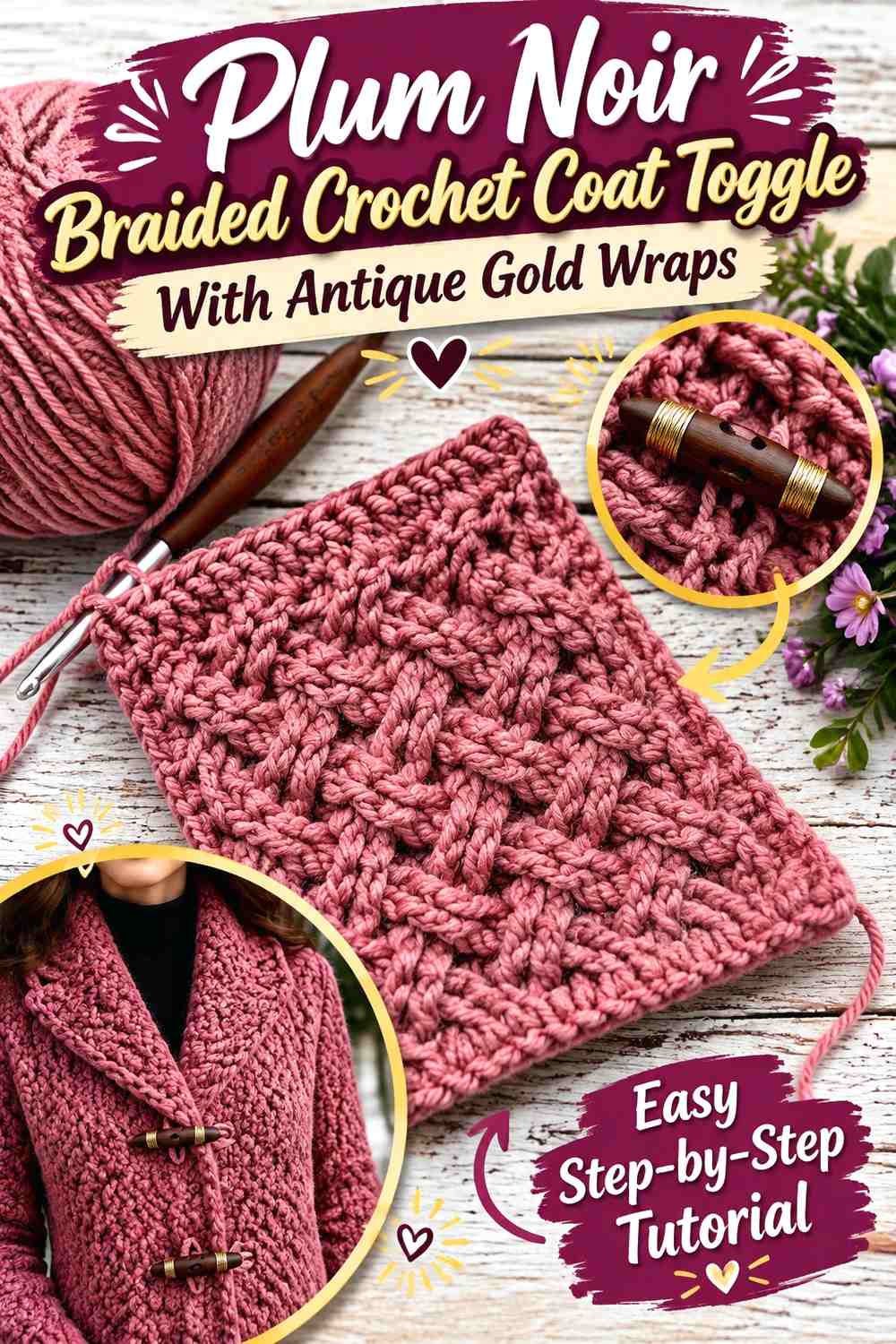 Plum Noir Braided Crochet Coat Toggle With Antique Gold Wraps