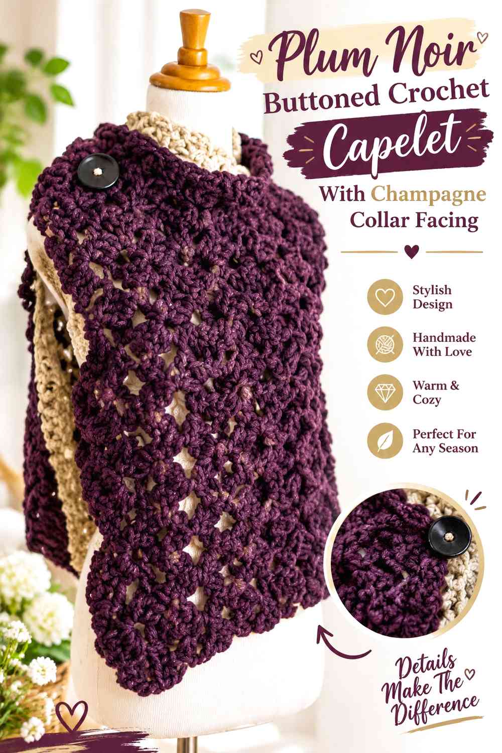 Plum Noir Buttoned Crochet Capelet With Champagne Collar Facing