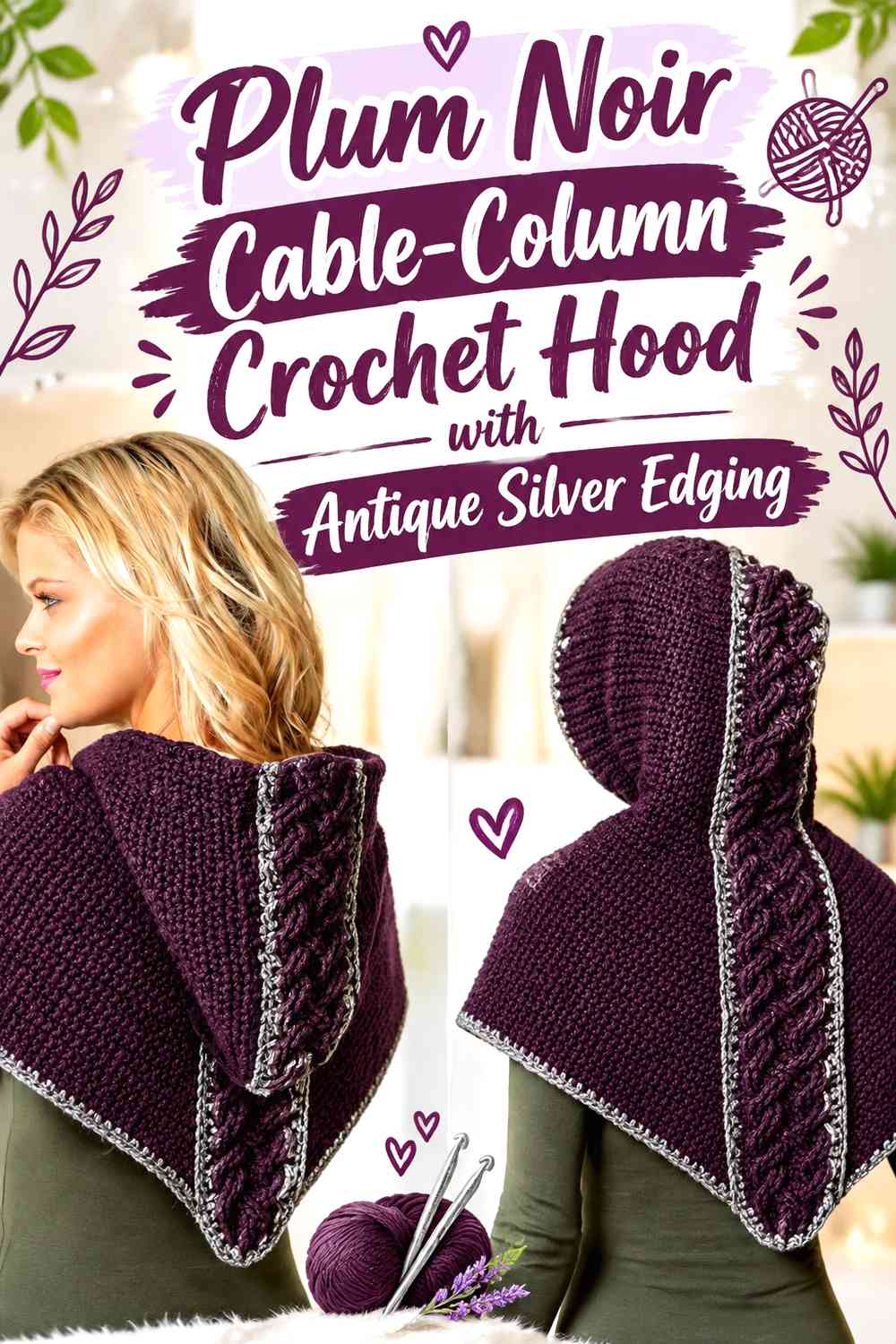 Plum Noir Cable-Column Crochet Hood with Antique Silver Edging