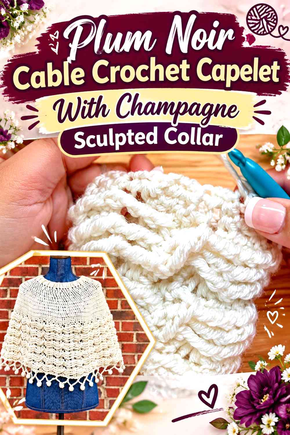 Plum Noir Cable Crochet Capelet With Champagne Sculpted Collar