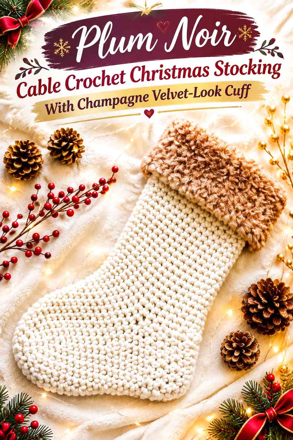 Plum Noir Cable Crochet Christmas Stocking With Champagne Velvet-Look Cuff