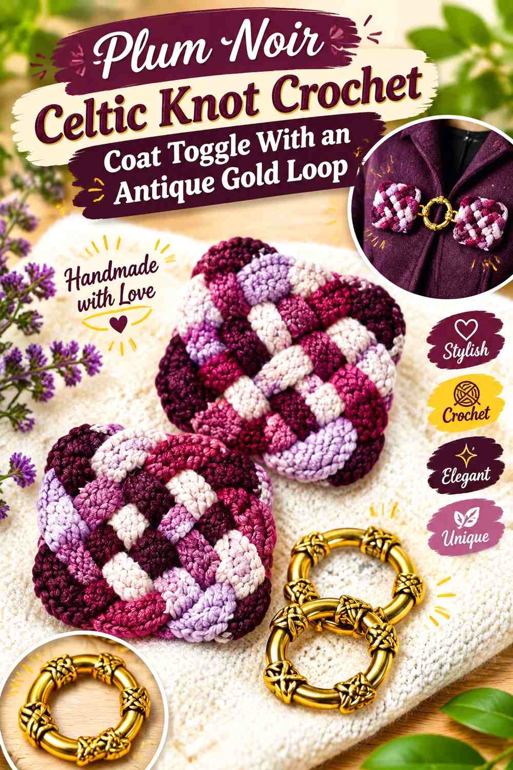 Plum Noir Celtic Knot Crochet Coat Toggle With an Antique Gold Loop