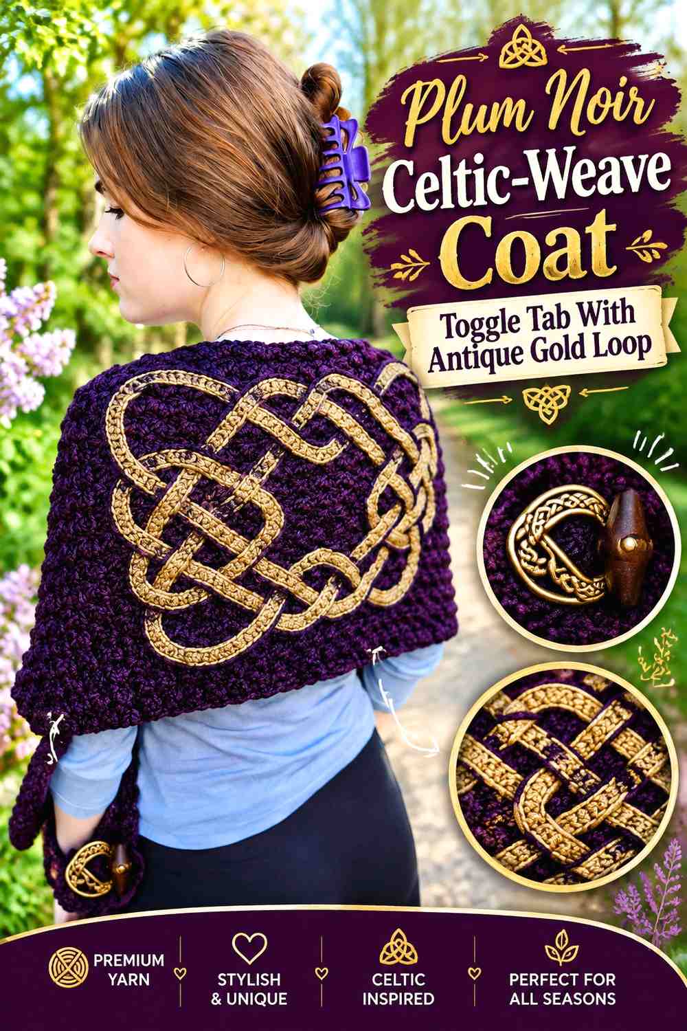 Plum Noir Celtic-Weave Coat Toggle Tab With Antique Gold Loop