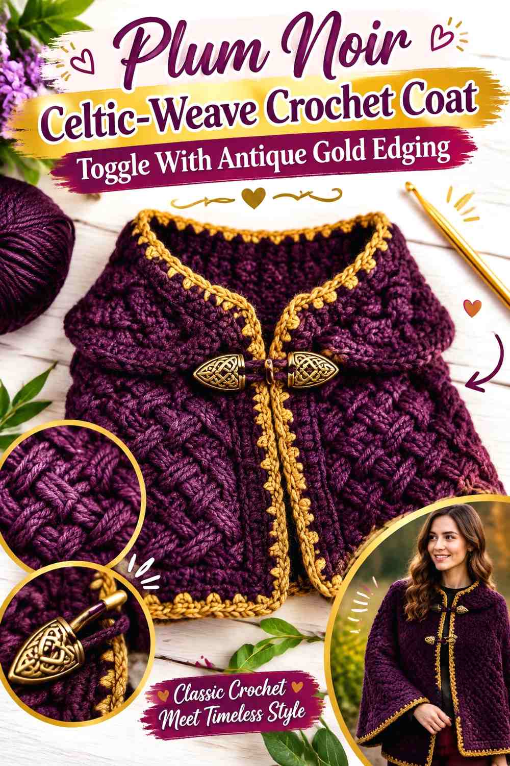 Plum Noir Celtic-Weave Crochet Coat Toggle With Antique Gold Edging