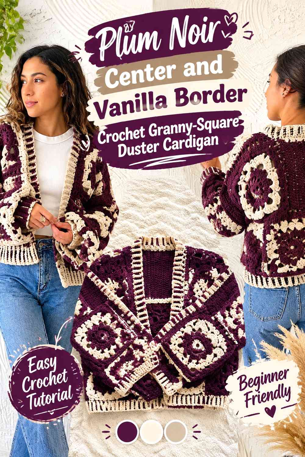 Plum Noir Center and Vanilla Border Crochet Granny-Square Duster Cardigan