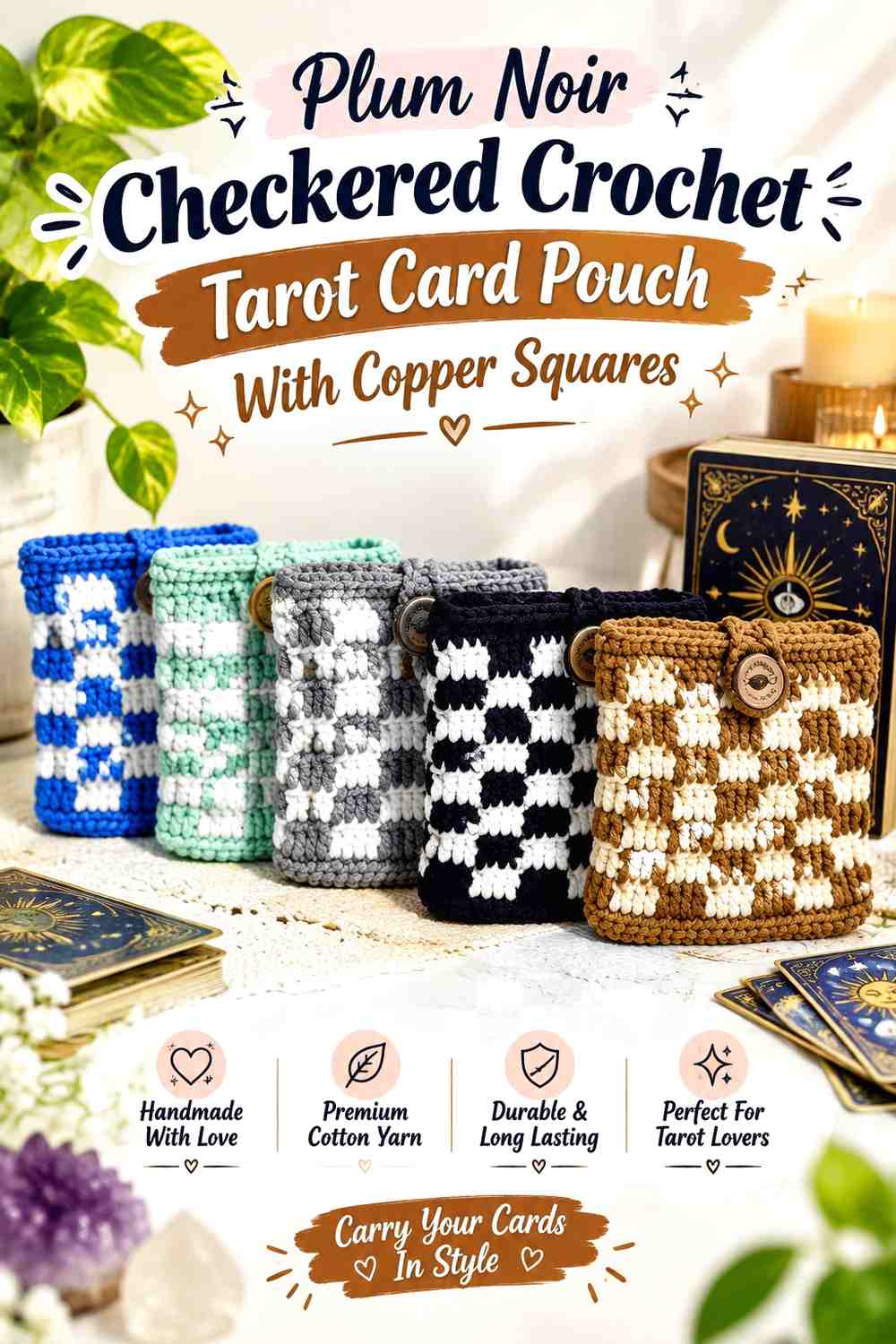 Plum Noir Checkered Crochet Tarot Card Pouch With Copper Squares