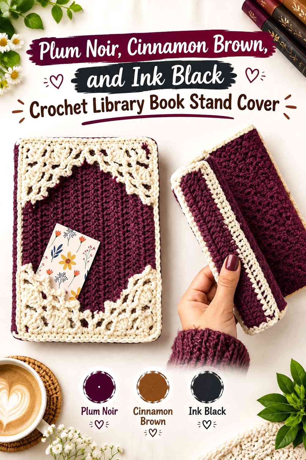 Plum Noir, Cinnamon Brown, and Ink Black Crochet Library Book Stand Cover