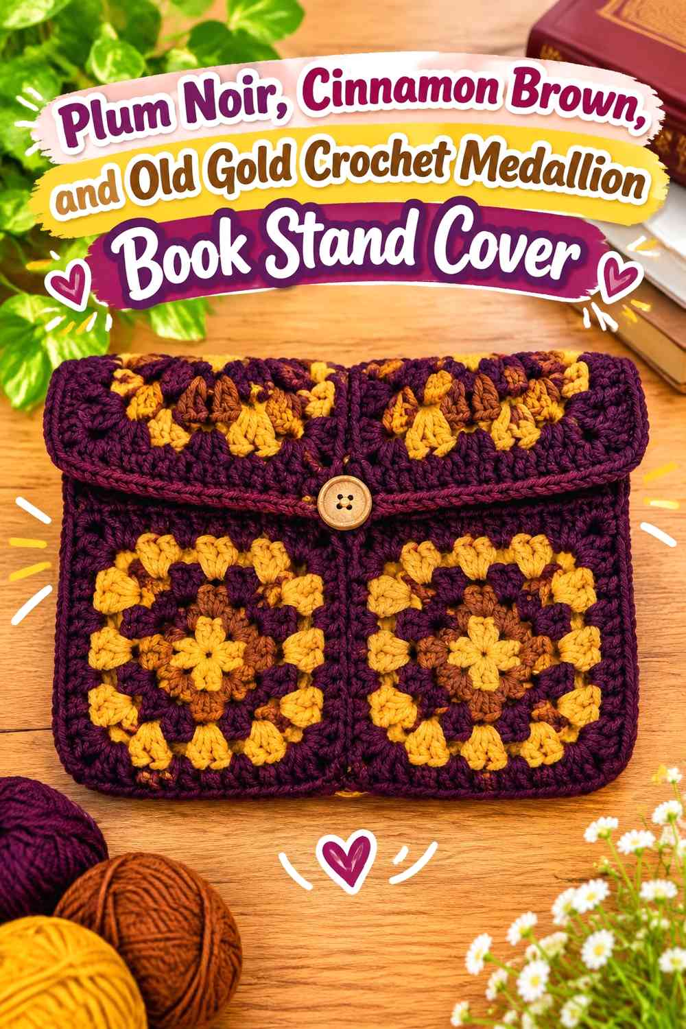 Plum Noir, Cinnamon Brown, and Old Gold Crochet Medallion Book Stand Cover