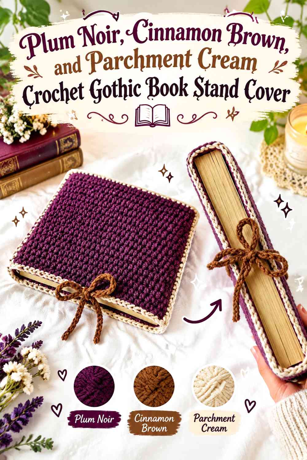 Plum Noir, Cinnamon Brown, and Parchment Cream Crochet Gothic Book Stand Cover