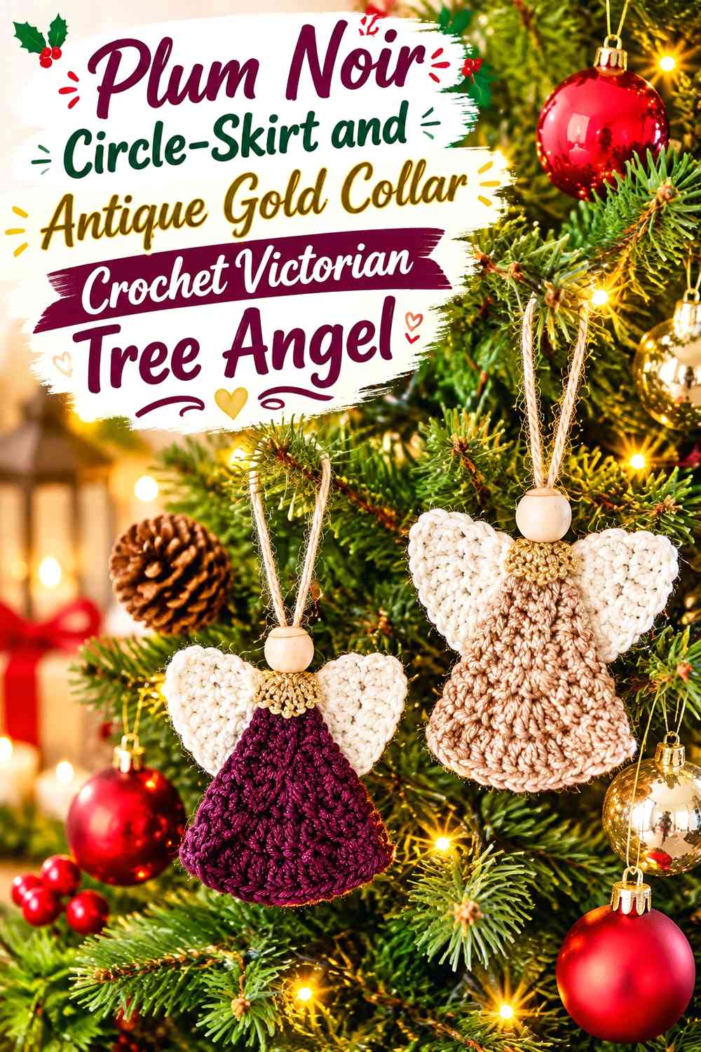 Plum Noir Circle-Skirt and Antique Gold Collar Crochet Victorian Tree Angel