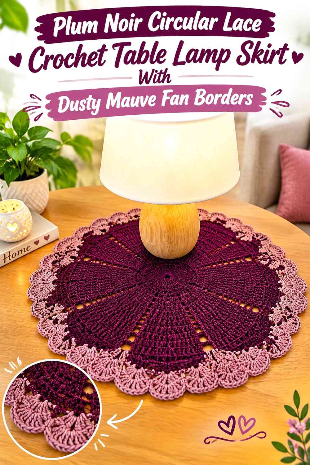 Plum Noir Circular Lace Crochet Table Lamp Skirt With Dusty Mauve Fan Borders