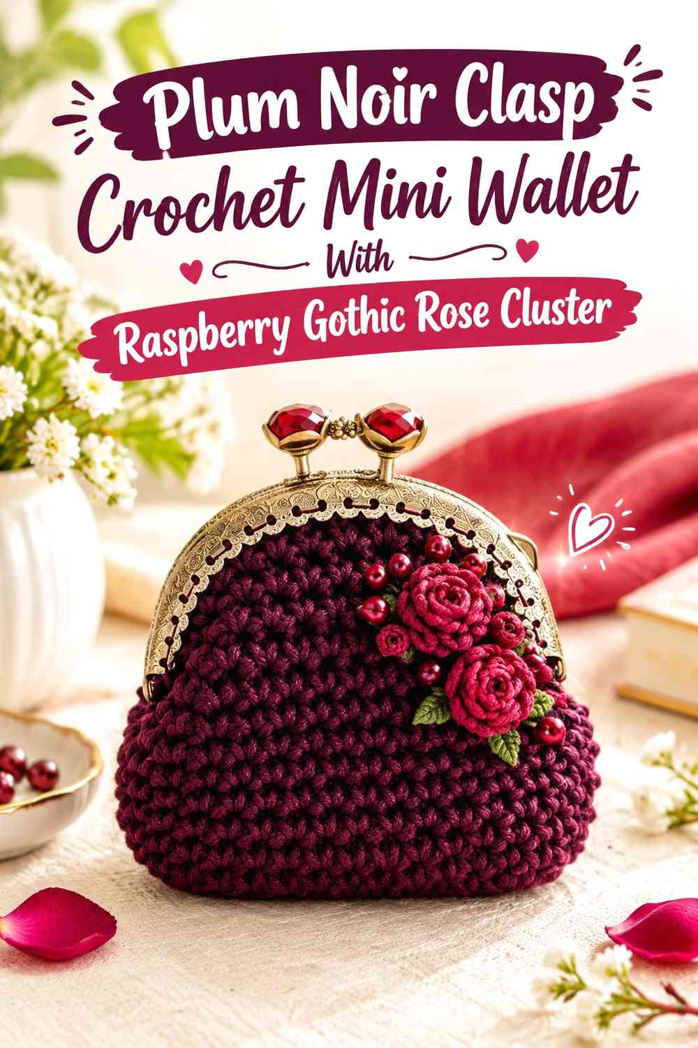 Plum Noir Clasp Crochet Mini Wallet With Raspberry Gothic Rose Cluster