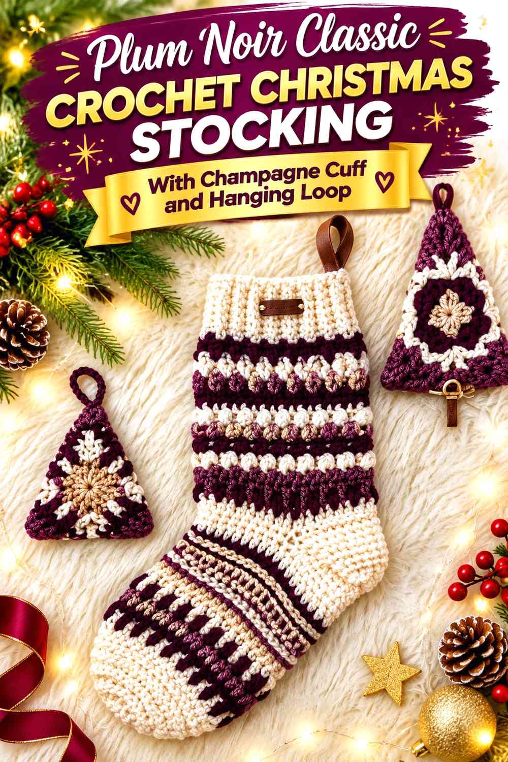 Plum Noir Classic Crochet Christmas Stocking With Champagne Cuff and Hanging Loop
