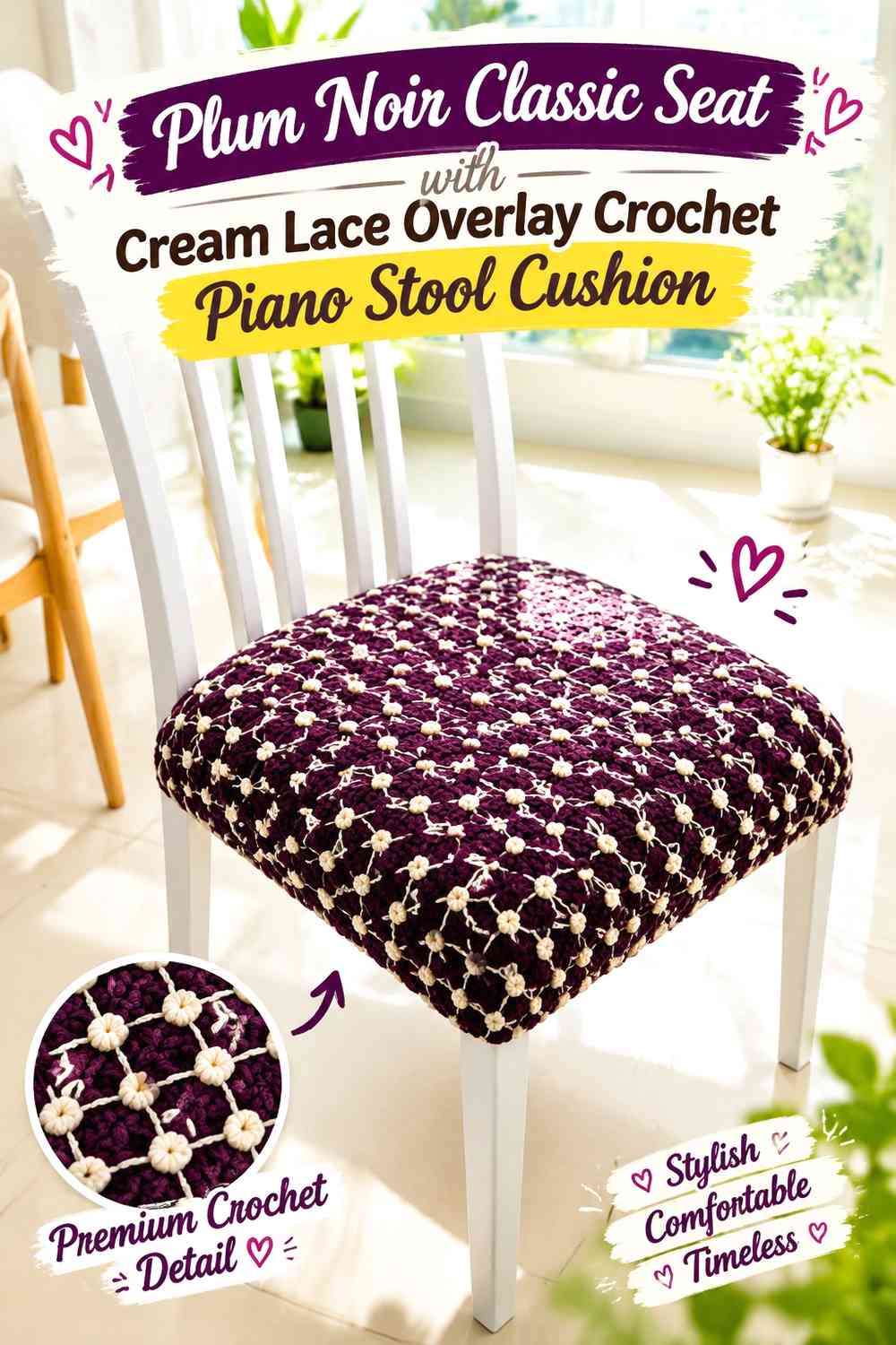 Plum Noir Classic Seat with Cream Lace Overlay Crochet Piano Stool Cushion