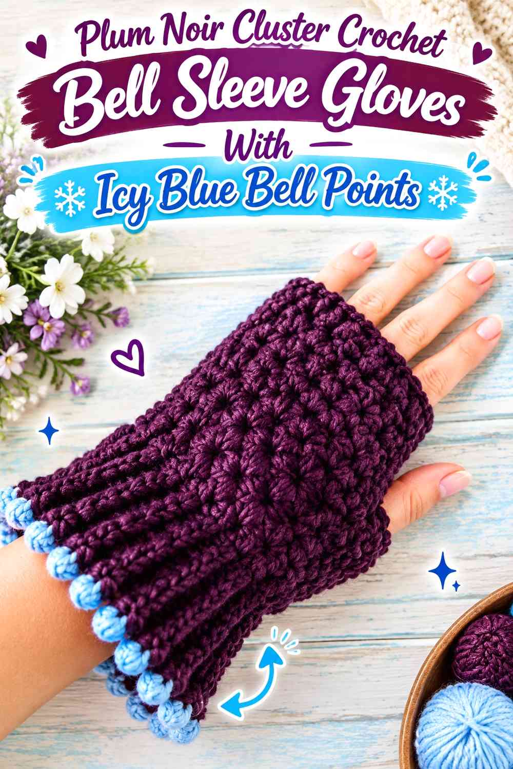 Plum Noir Cluster Crochet Bell Sleeve Gloves With Icy Blue Bell Points