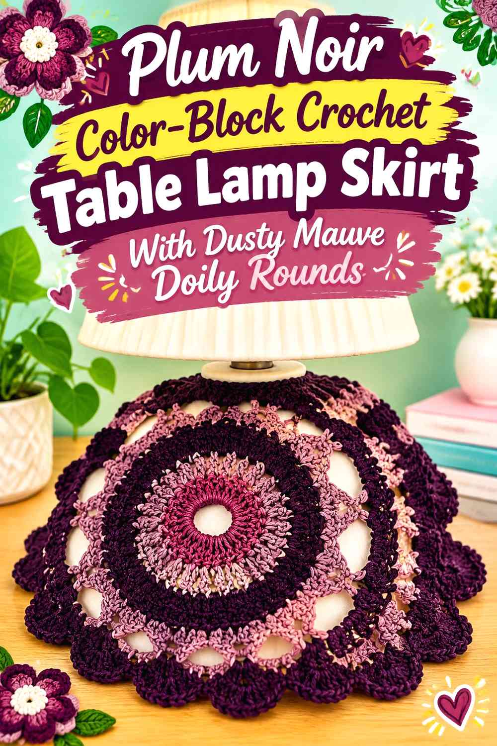 Plum Noir Color-Block Crochet Table Lamp Skirt With Dusty Mauve Doily Rounds