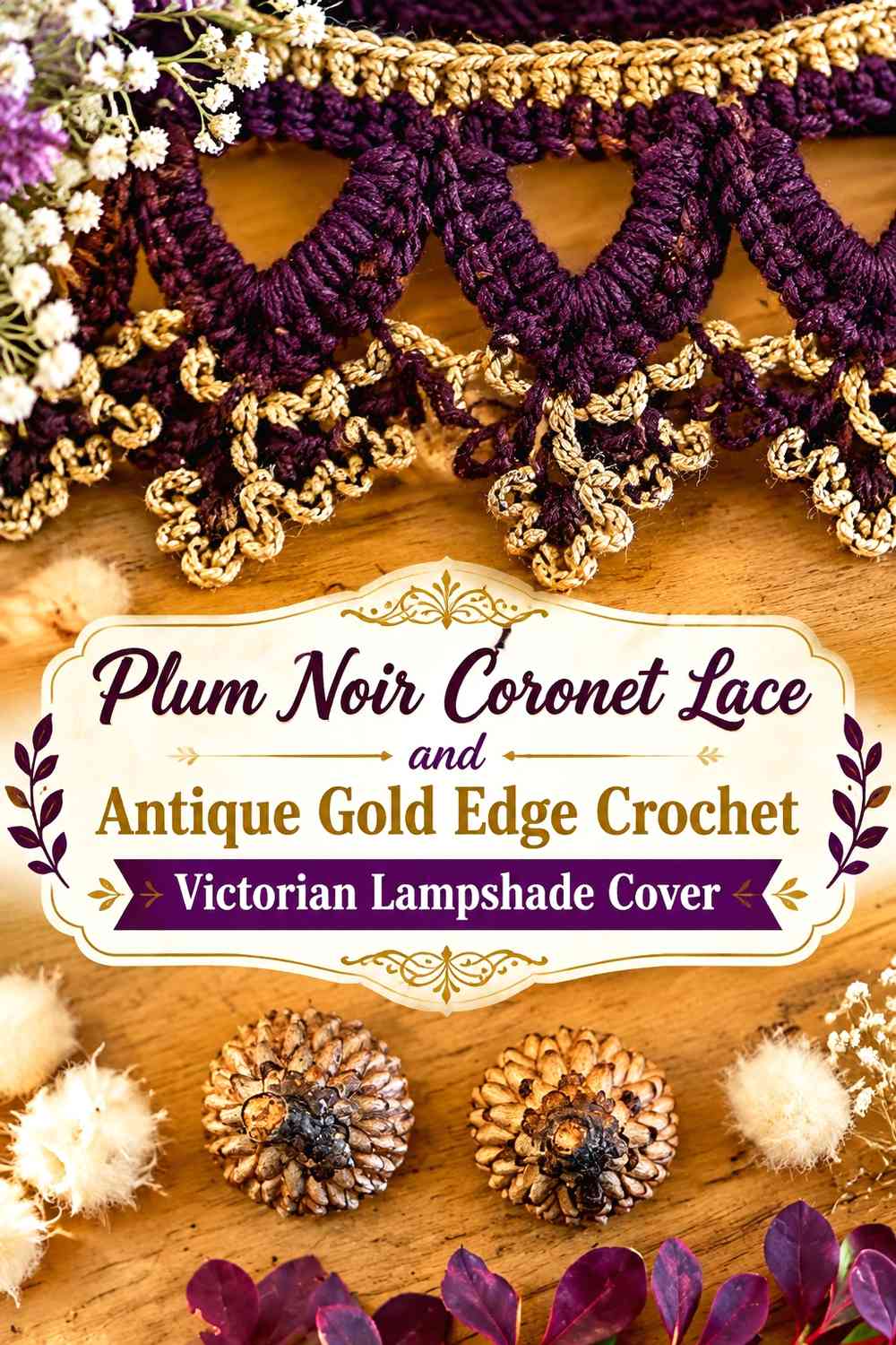 Plum Noir Coronet Lace and Antique Gold Edge Crochet Victorian Lampshade Cover