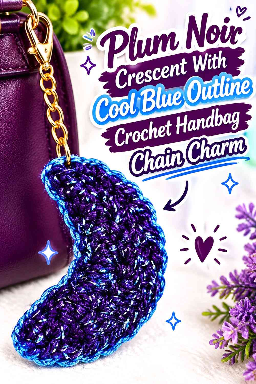 Plum Noir Crescent With Cool Blue Outline Crochet Handbag Chain Charm