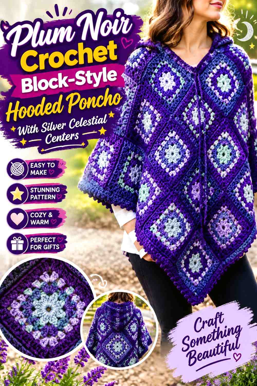 Plum Noir Crochet Block-Style Hooded Poncho With Silver Celestial Centers