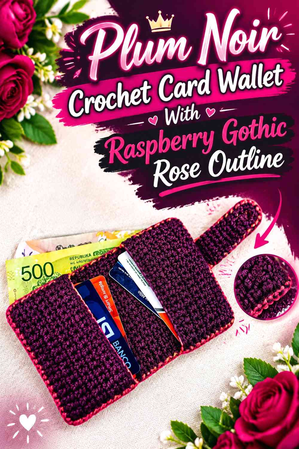 Plum Noir Crochet Card Wallet With Raspberry Gothic Rose Outline