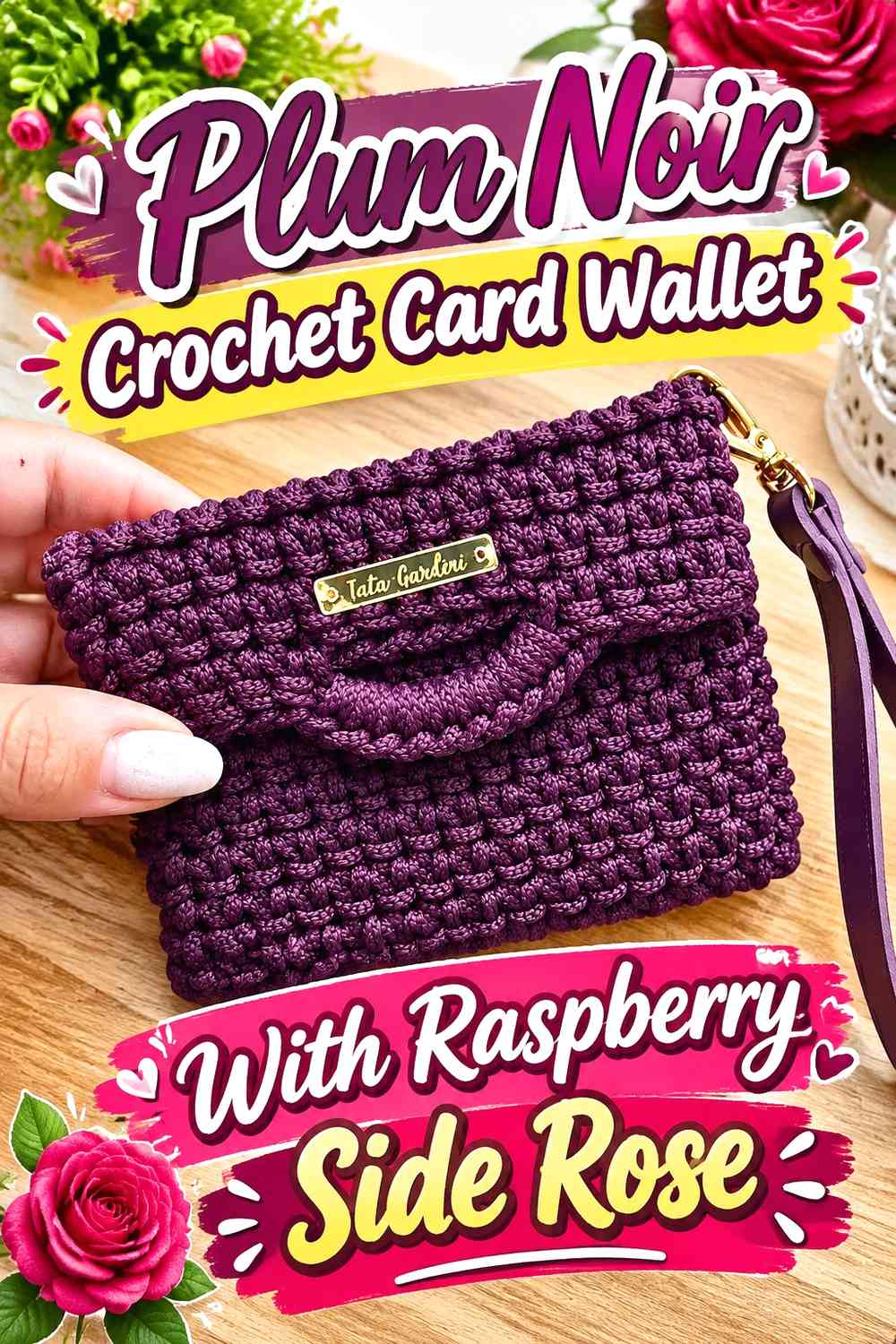 Plum Noir Crochet Card Wallet With Raspberry Side Rose