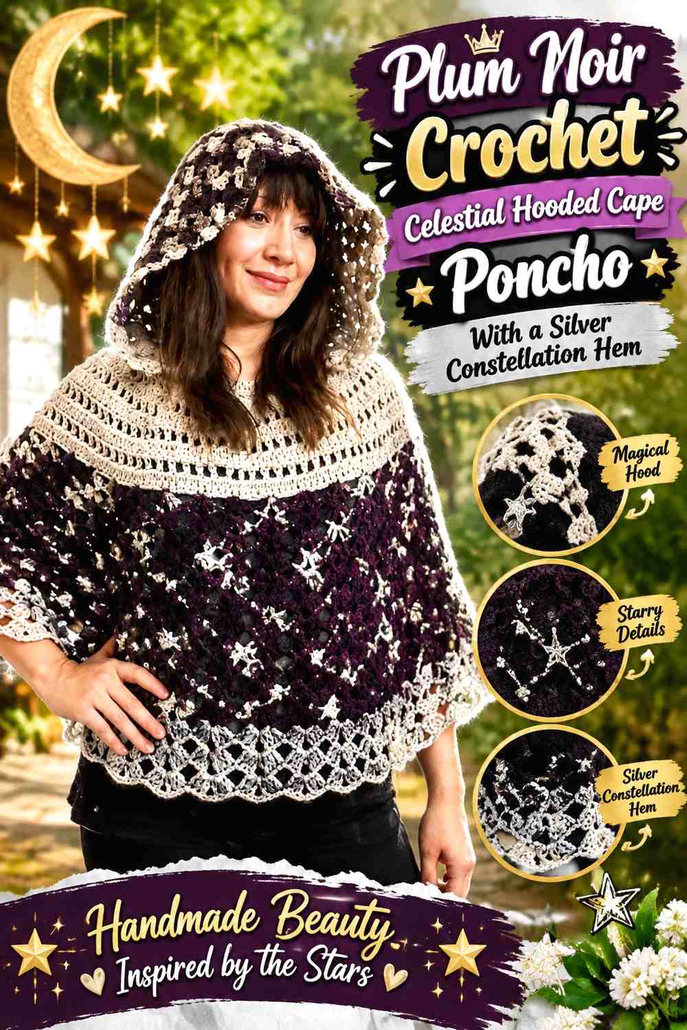 Plum Noir Crochet Celestial Hooded Cape Poncho With a Silver Constellation Hem