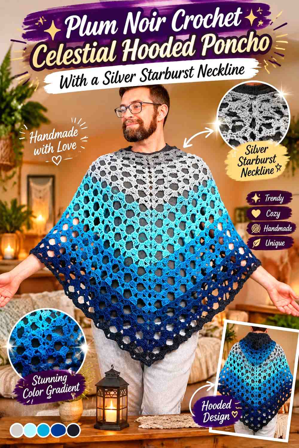 Plum Noir Crochet Celestial Hooded Poncho With a Silver Starburst Neckline
