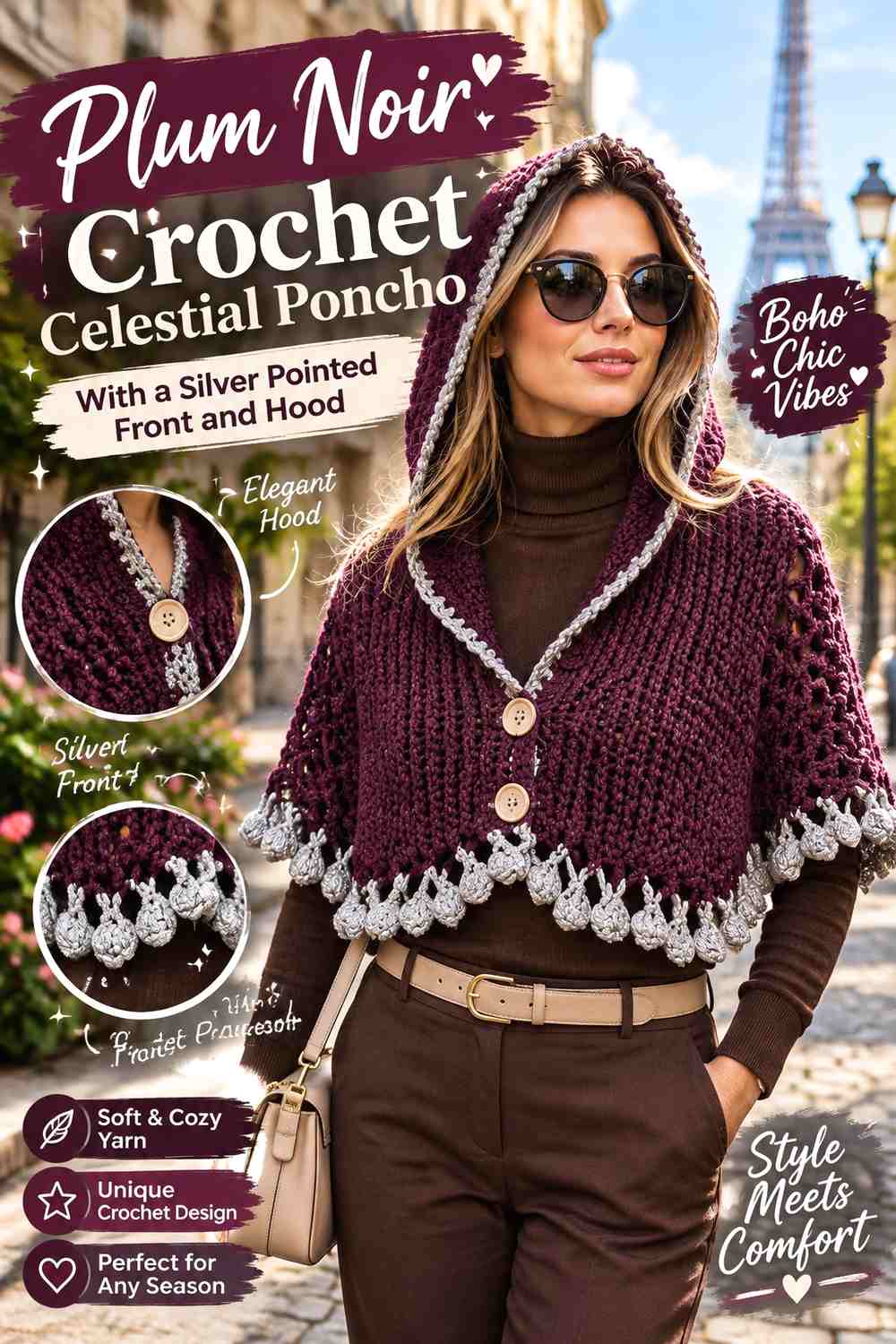 Plum Noir Crochet Celestial Poncho With a Silver Pointed Front and Hood