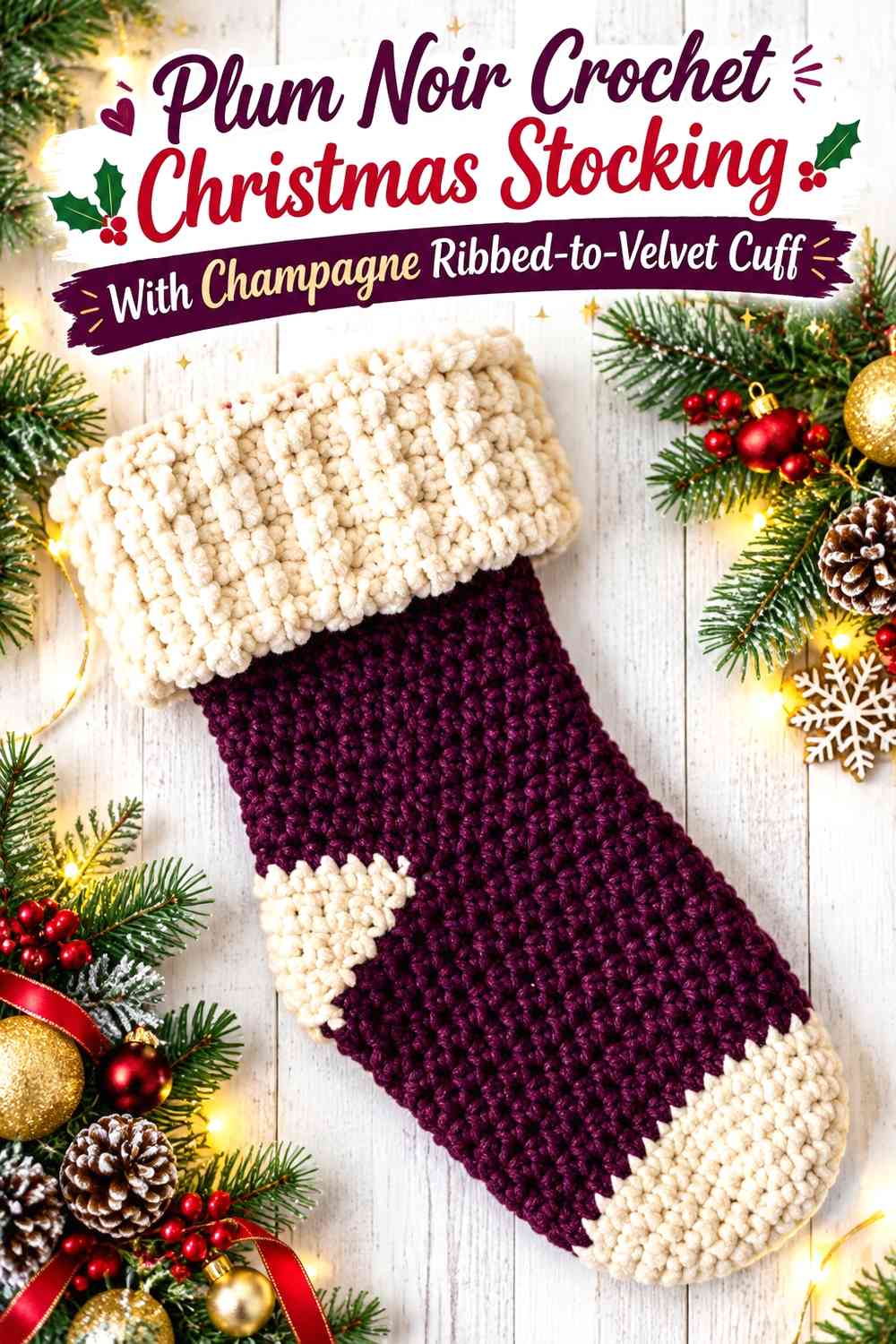 Plum Noir Crochet Christmas Stocking With Champagne Ribbed-to-Velvet Cuff