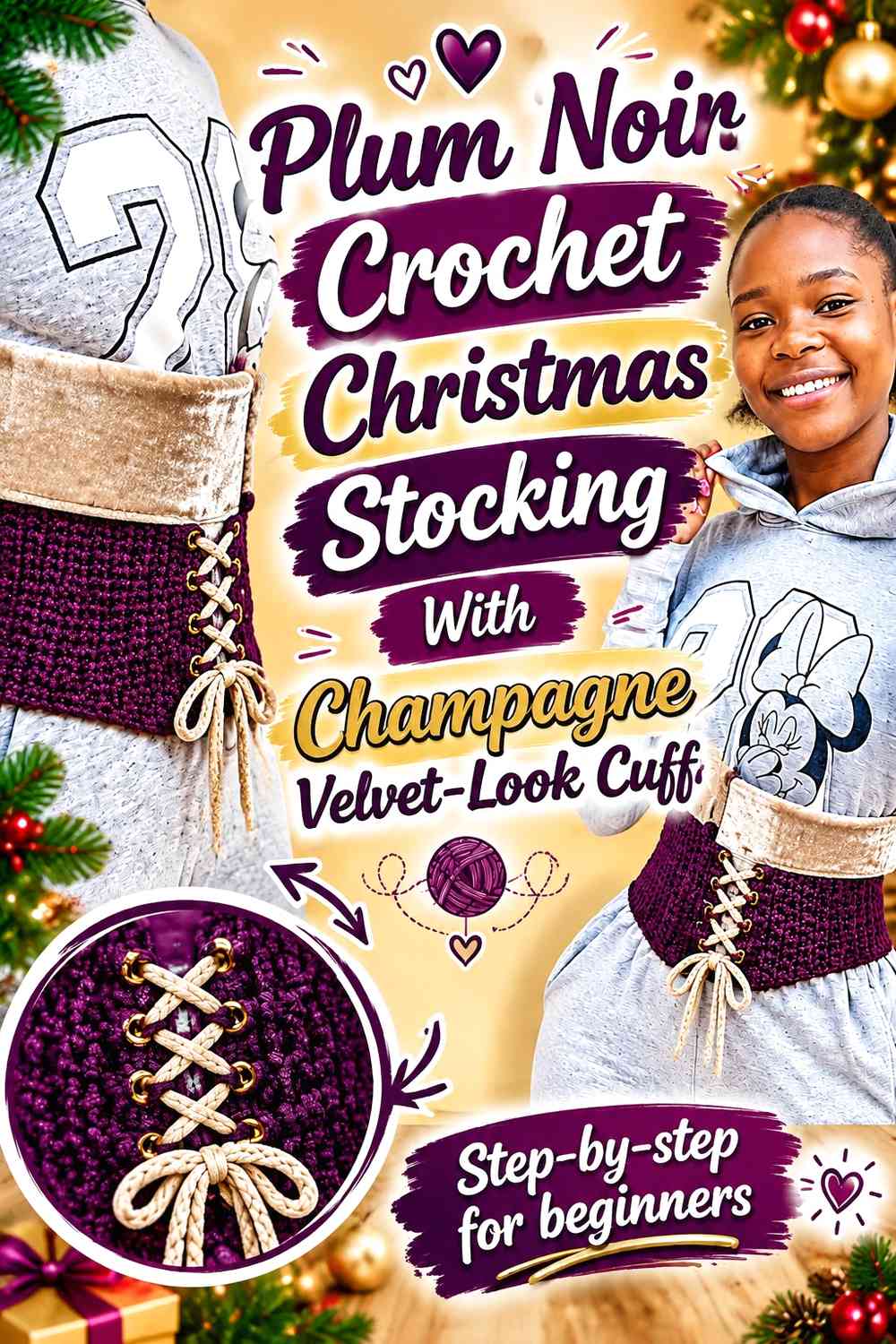 Plum Noir Crochet Christmas Stocking With Champagne Velvet-Look Cuff