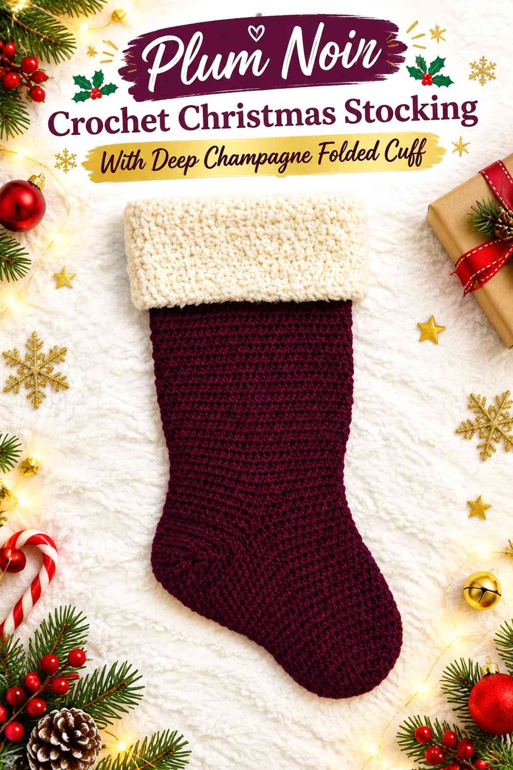 Plum Noir Crochet Christmas Stocking With Deep Champagne Folded Cuff