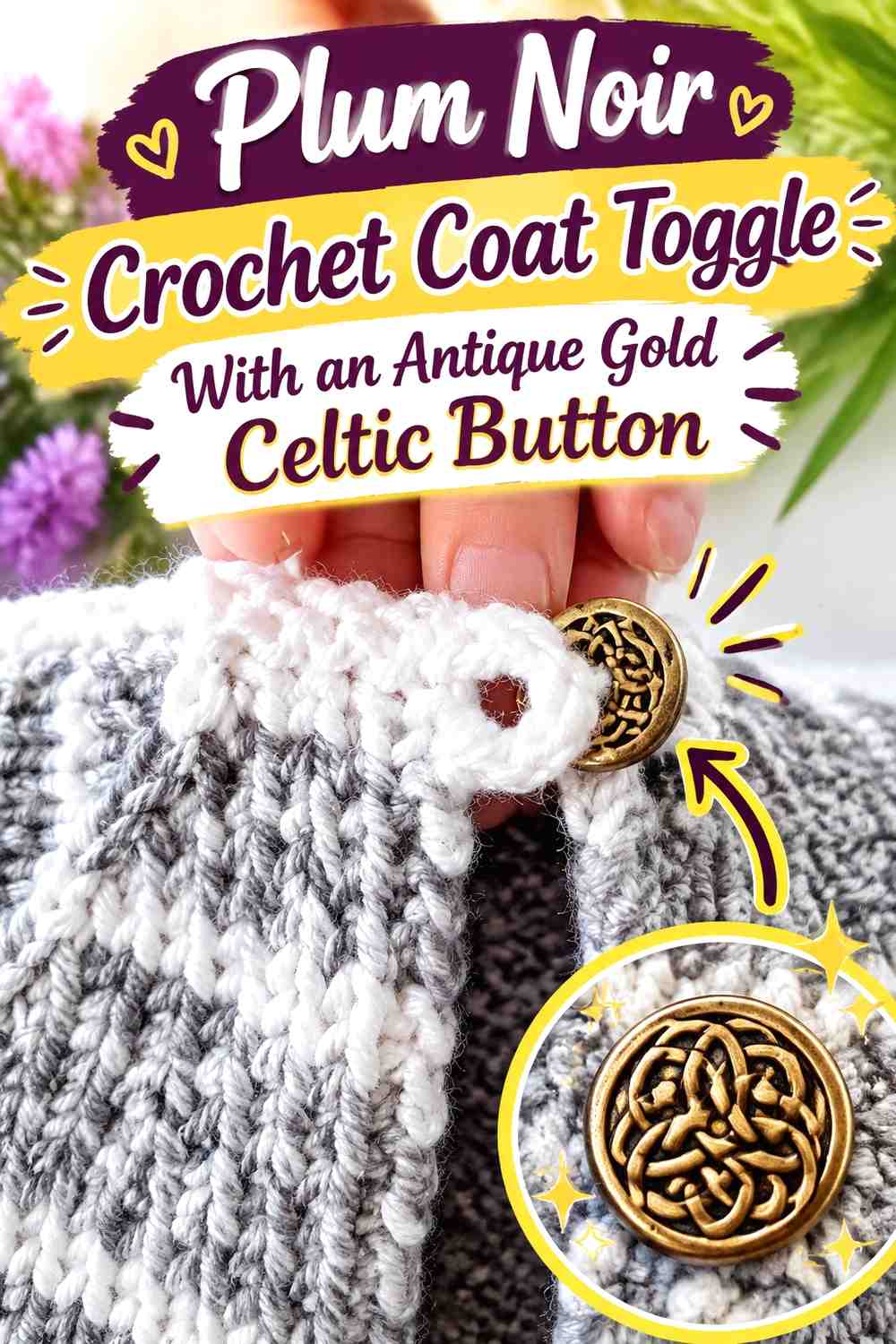 Plum Noir Crochet Coat Toggle With an Antique Gold Celtic Button