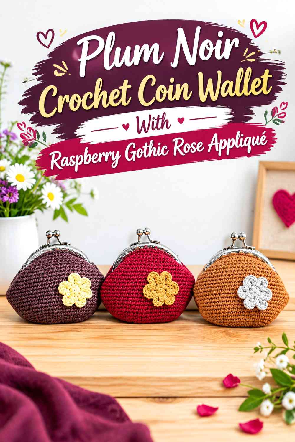 Plum Noir Crochet Coin Wallet With Raspberry Gothic Rose Appliqué