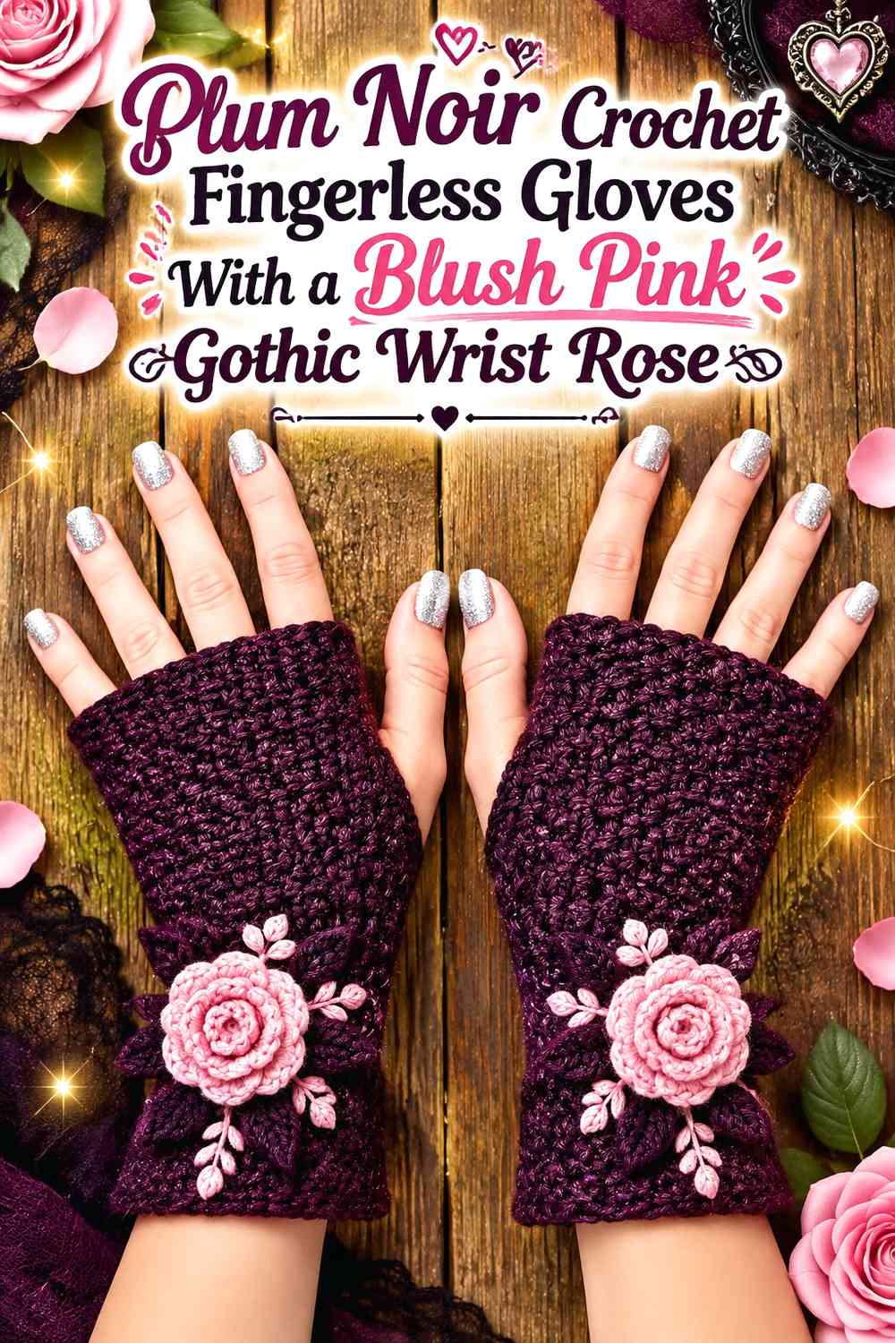 Plum Noir Crochet Fingerless Gloves With a Blush Pink Gothic Wrist Rose