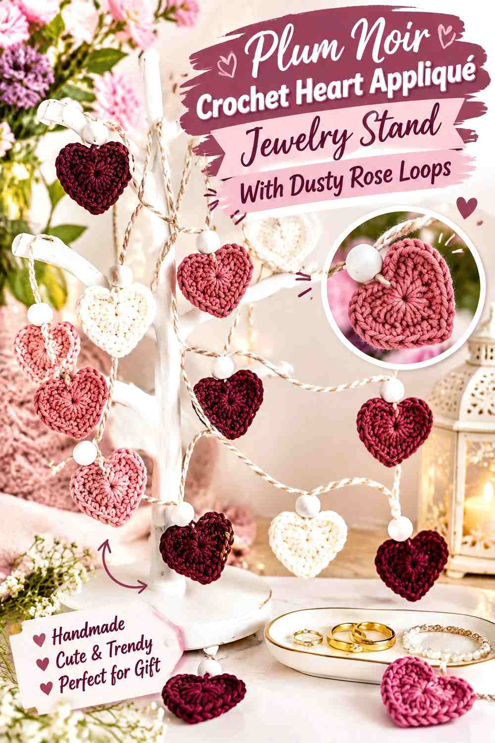 Plum Noir Crochet Heart Appliqué Jewelry Stand With Dusty Rose Loops